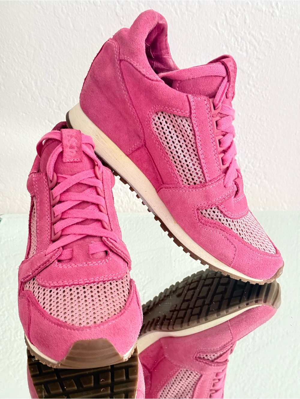 VINTAGE ASH Dean Pink Suede Leather Mesh Platform Wedge Sneakers Sz38 Barbiecore